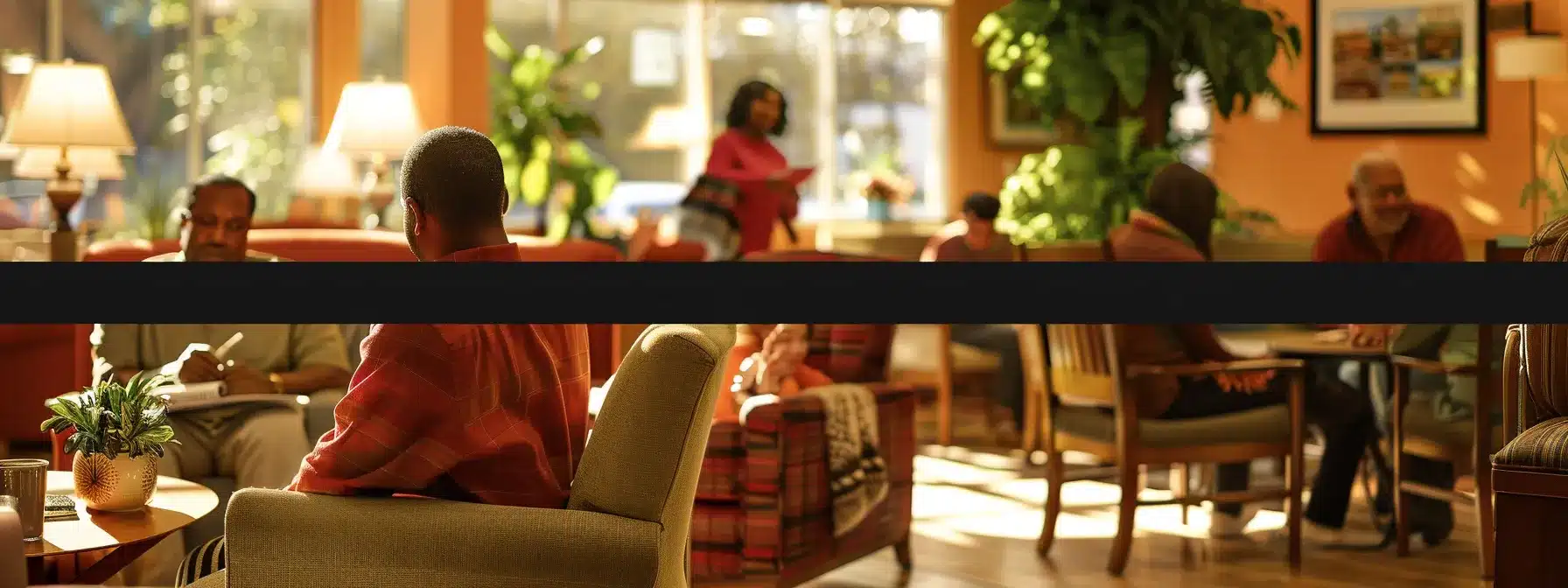 a modern assisted living facility lobby, featuring diverse residents engaged in various activities, with inviting seating areas, cheerful décor, and warm, ambient lighting that conveys comfort and community.