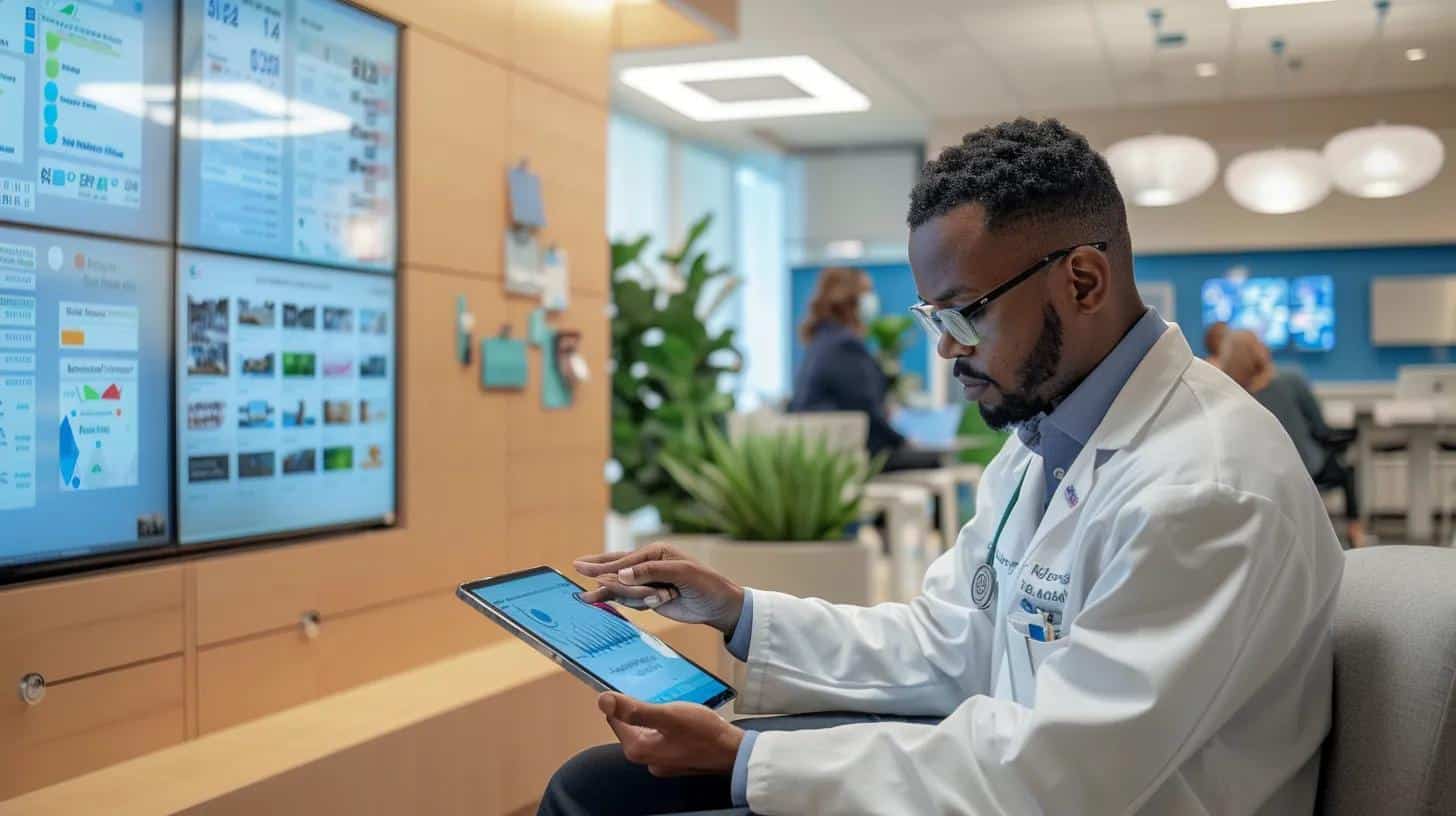 a modern healthcare office space features a thoughtful clinician engaging in a detailed consultation over a digital tablet, surrounded by informative charts and diagrams depicting the early warning signs of various types of dementia, emphasizing an atmosphere of focused cognitive care and tailored intervention strategies.