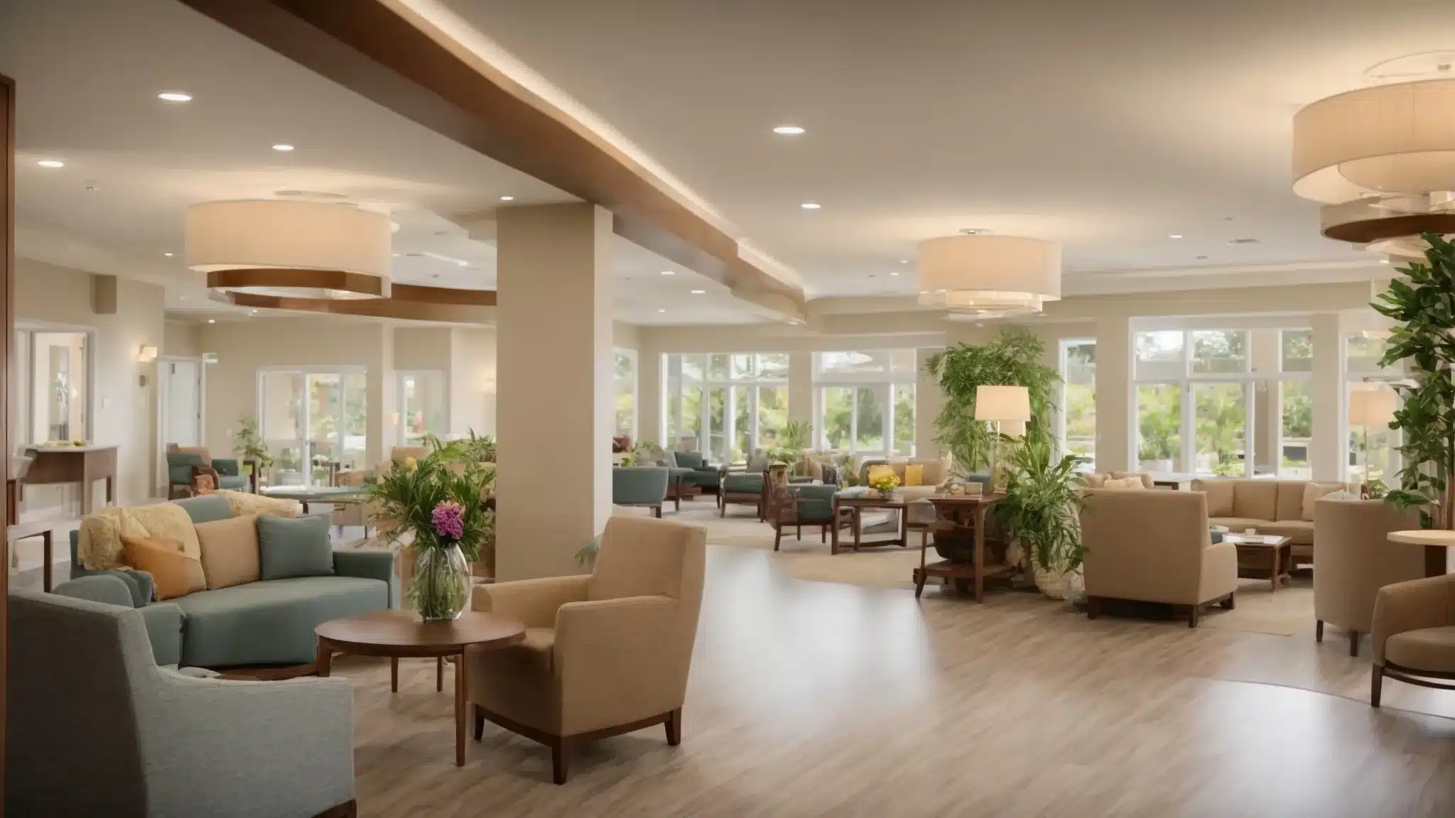 a serene and inviting assisted living space, filled with natural light, showcases individualized care plans through vibrant therapy gardens and cozy communal areas that reflect a harmonious blend of physical, emotional, and spiritual enrichment for residents.