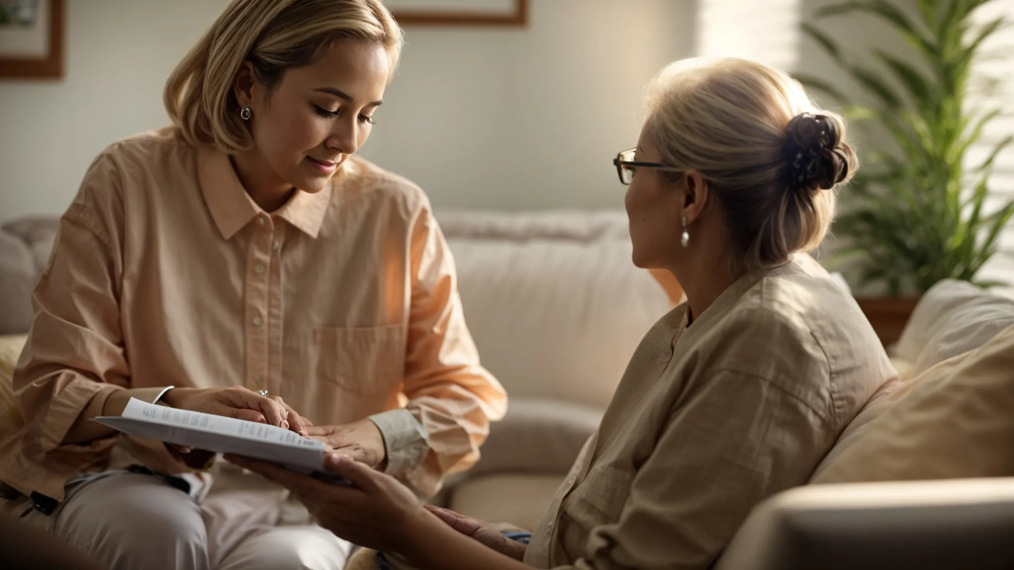 a serene, well-lit room in an assisted living facility showcases a compassionate caregiver attentively discussing a personalized care plan with an elderly resident, emphasizing the importance of tailored support and emotional connection in senior care.