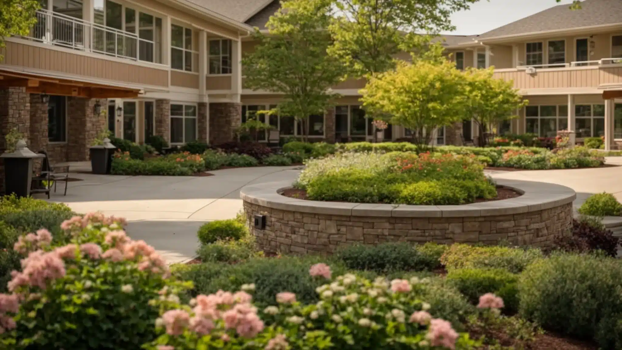 a serene, well-maintained assisted living community in ypsilanti, featuring beautifully landscaped gardens and inviting gathering spaces, emblematic of exceptional care and vibrant resident engagement, captured in soft, warm afternoon light.