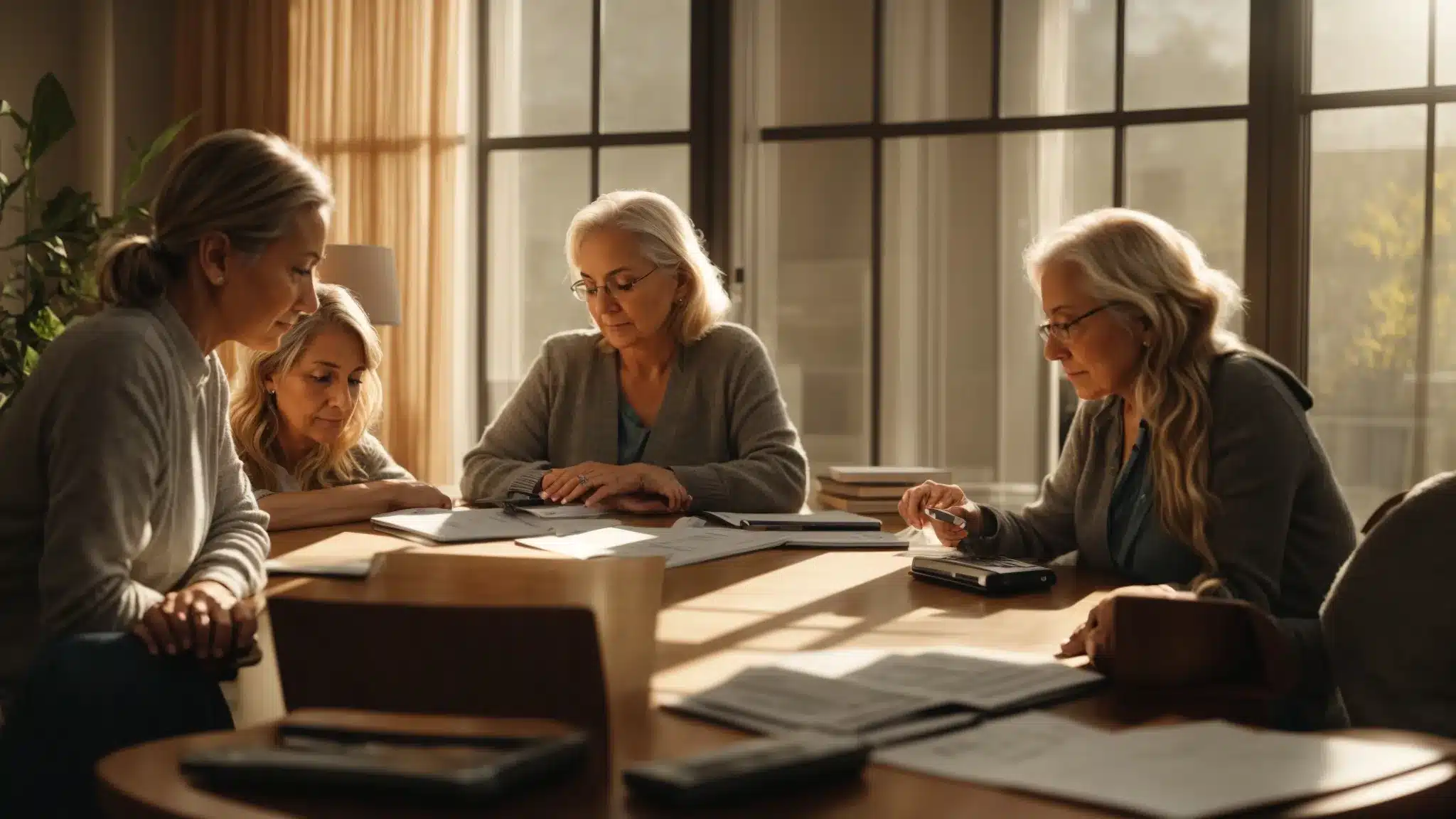 a thoughtful family gathers around a table filled with financial documents and calculators, surrounded by warm sunlight filtering through a window, symbolizing the critical conversation about hidden costs in ypsilanti senior living.