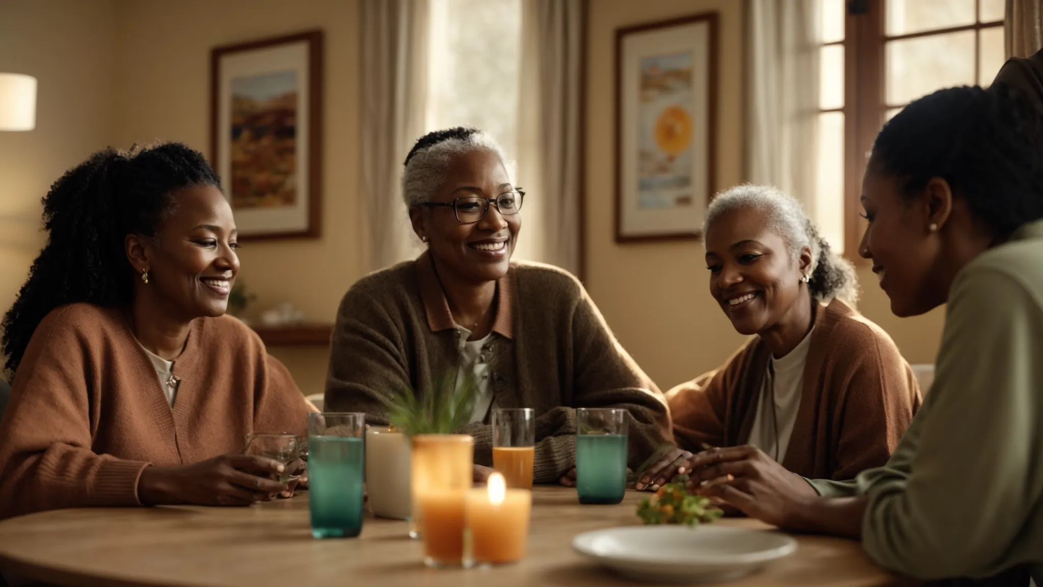 a warm and inviting scene captures a diverse family gathered around a cozy table in an assisted living facility, engaging in thoughtful conversation with care staff, symbolizing collaboration and personalized care planning for their loved ones.