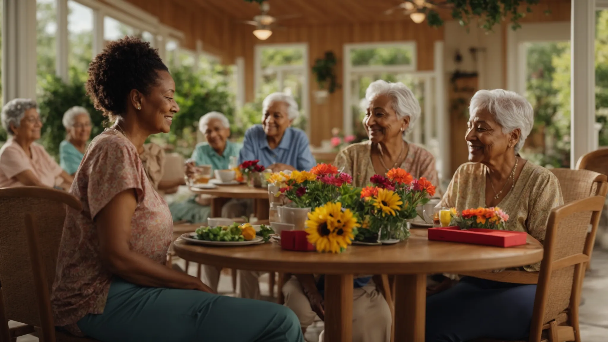 a warm, inviting scene of a serene assisted living environment in ypsilanti, showcasing cheerful residents engaged in community activities surrounded by lush greenery and vibrant flowers, highlighting the essence of personalized care and support.