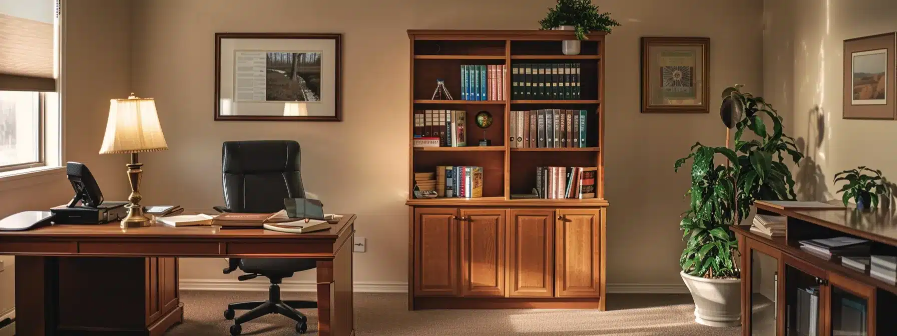 a warmly lit, inviting office space in michigan showcases a professional discussing affordable dementia care options, filled with informative brochures and calming décor that emphasizes dignity and support.