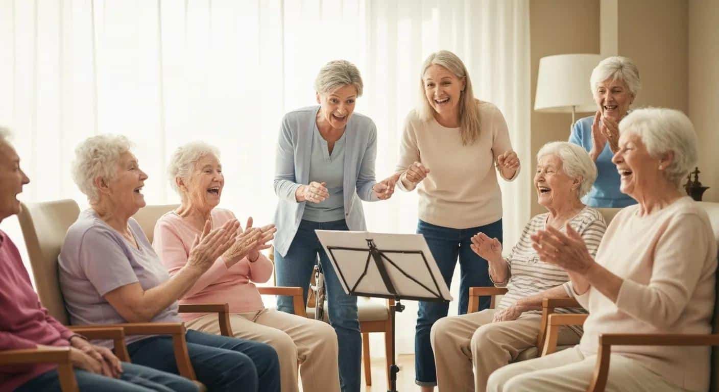 Elderly residents participating in a music therapy session in a memory care facility, illustrating supportive services for Alzheimer's patients