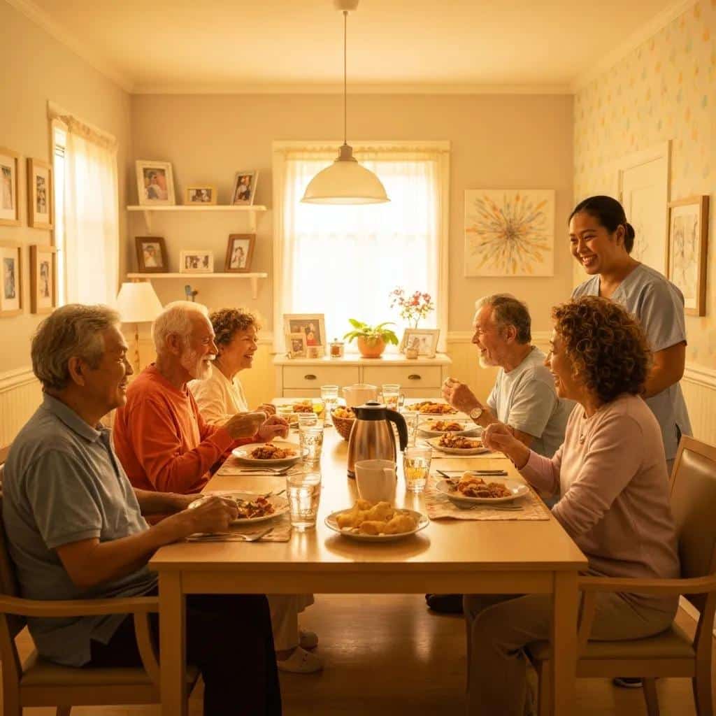 Cozy dining area in a memory care home with residents enjoying a family-style meal