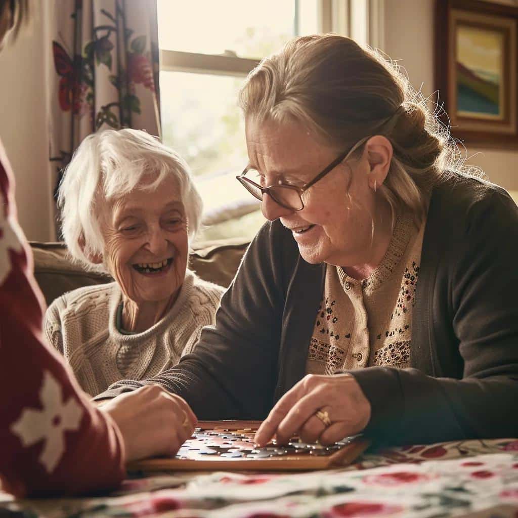 Caregiver assisting an elderly resident with a personalized cognitive exercise in a warm memory care environment