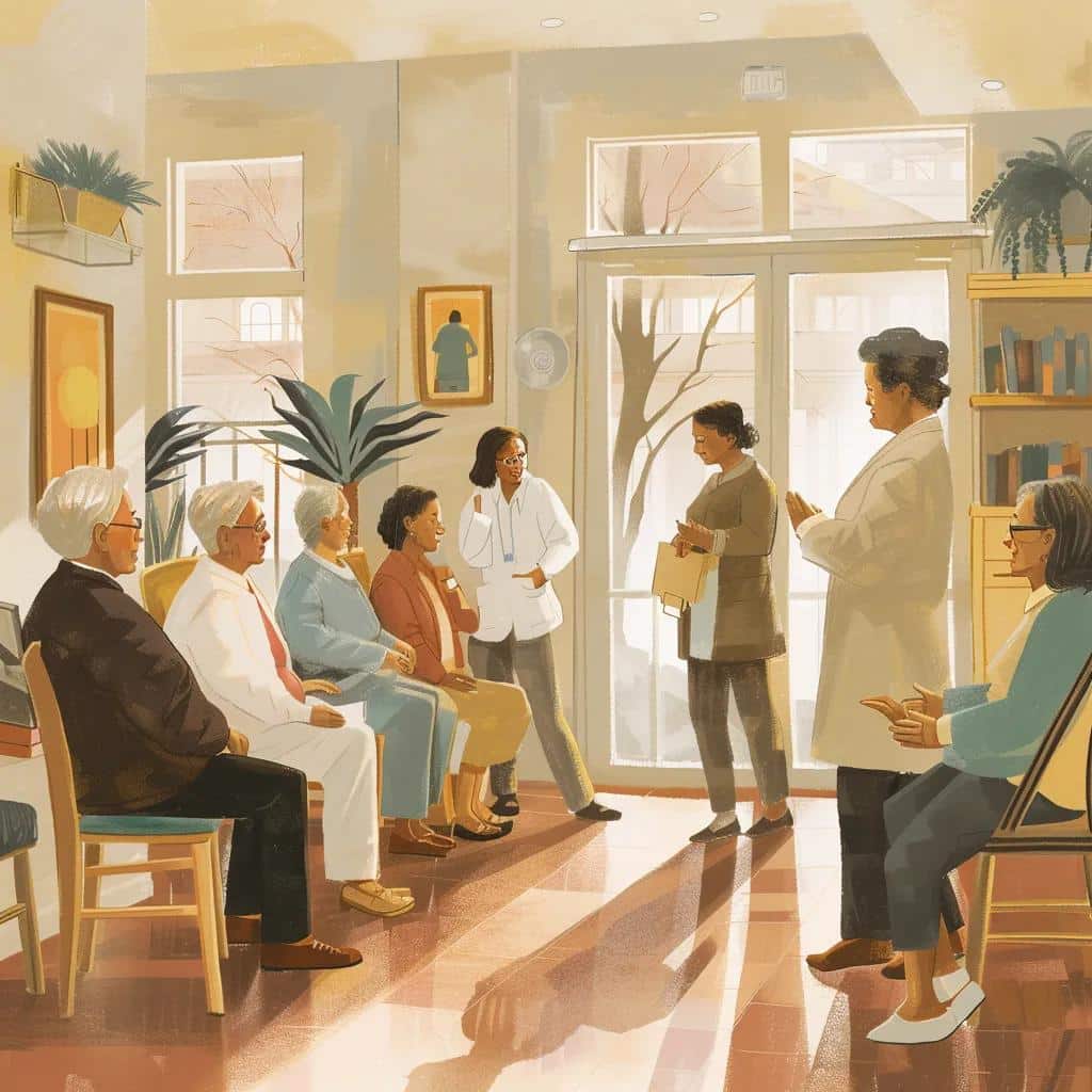 Caregivers providing personalized attention to residents in a memory care facility, enhancing care quality