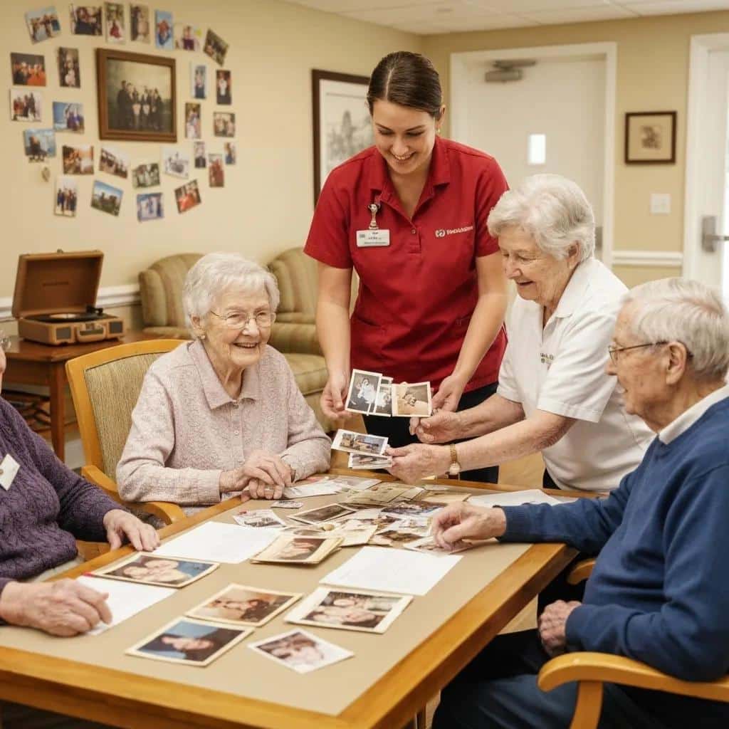 Residents participating in cognitive stimulation therapy session in a memory care program