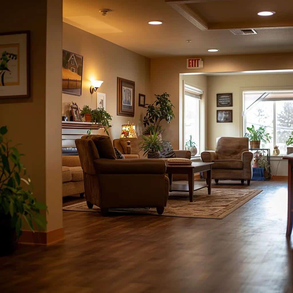 Cozy living room in a dementia care home, emphasizing warmth and community for Alzheimer's care