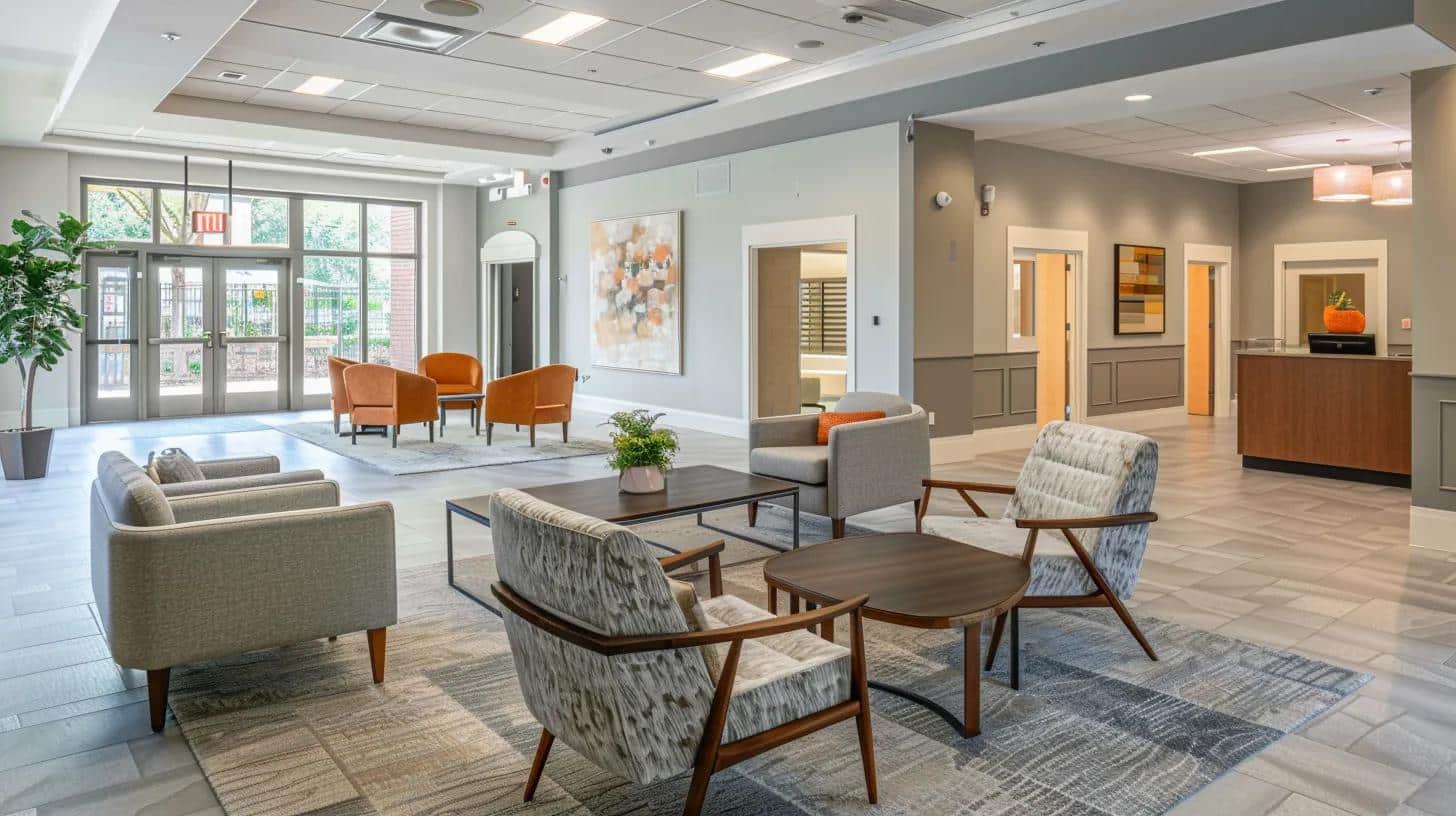 a serene and thoughtfully-designed memory care facility interior, featuring bright, inviting common areas with supportive staff engaging warmly with residents in a cozy, structured environment that promotes cognitive engagement and emotional well-being.