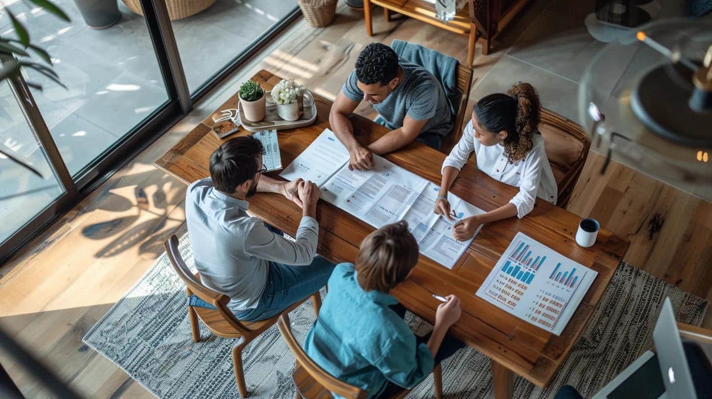 a thoughtful family gathers around a modern dining table in a well-lit office space, reviewing detailed charts and documents about alzheimer’s care costs and payment options, conveying a sense of collaboration and informed decision-making.
