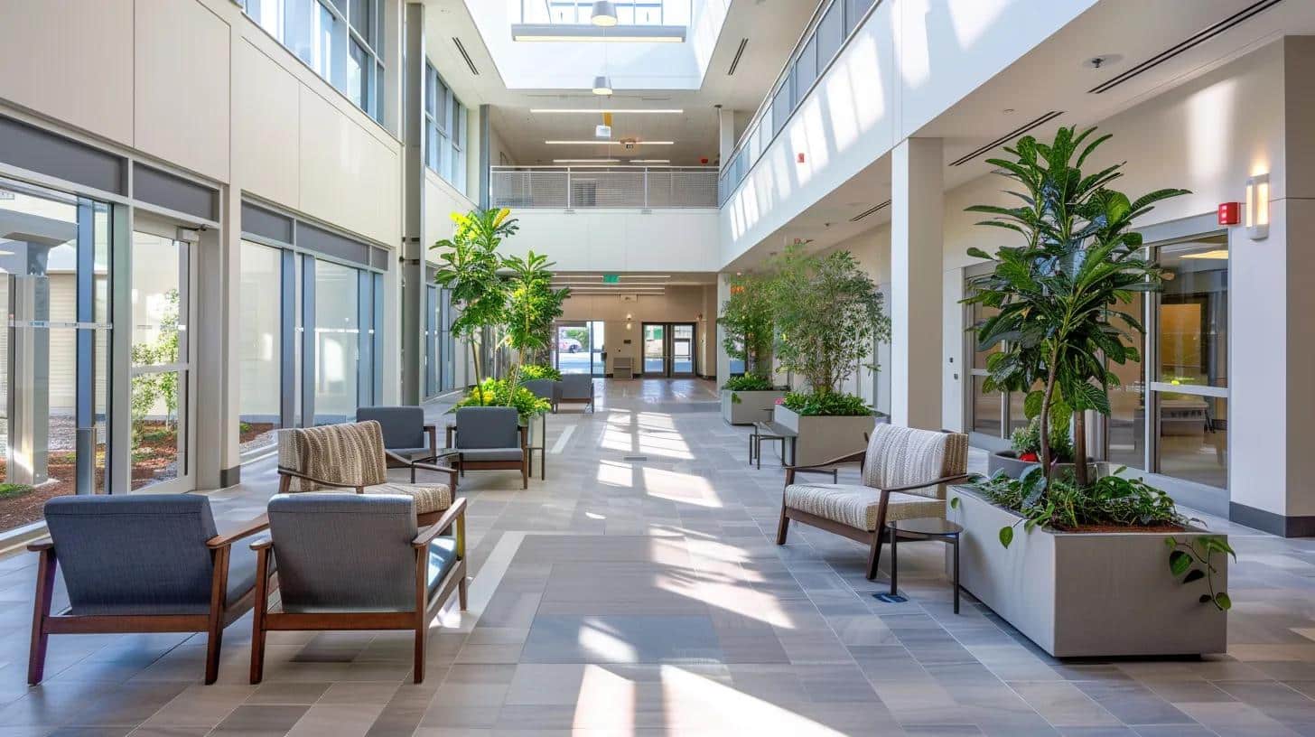 a thoughtfully designed memory care facility showcases serene, soft-colored interiors with clear, open pathways and comforting communal spaces that promote safety and tranquility for residents.