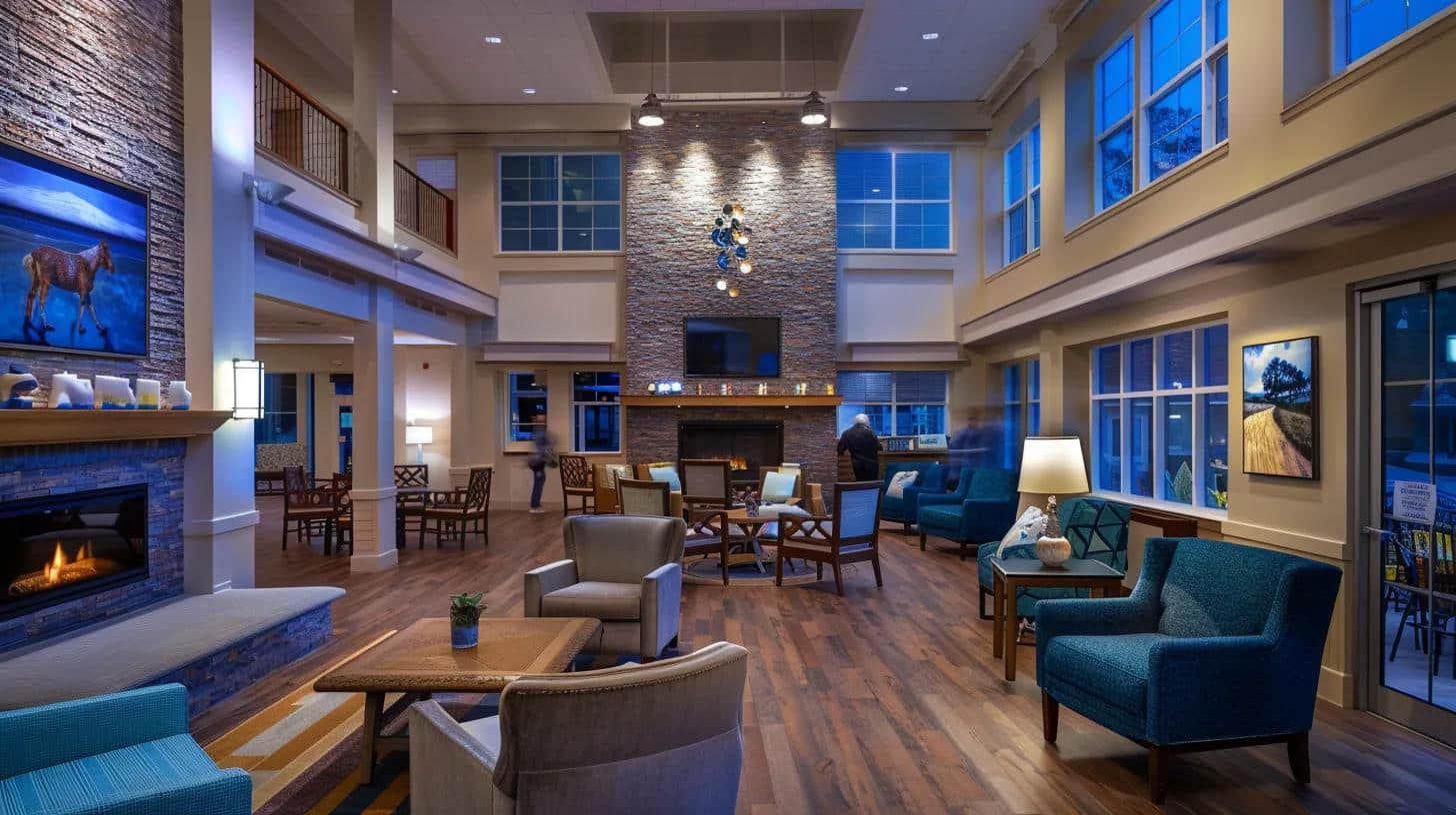a warm and inviting common area within a memory care facility, softly illuminated with cozy lighting, showcasing residents engaging in meaningful activities with attentive staff, embodying a sense of comfort and connection during their transition.