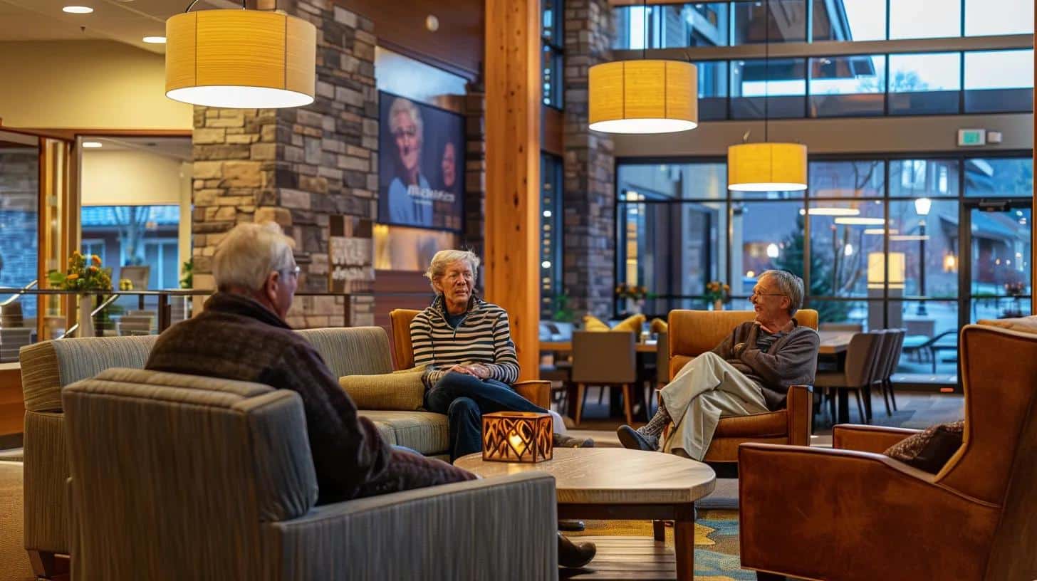 a warmly lit, modern assisted living community lobby adorned with comfortable furniture and welcoming decor, where a senior couple engages in a heartfelt conversation, reflecting the emotional journey of transitioning to a new home.